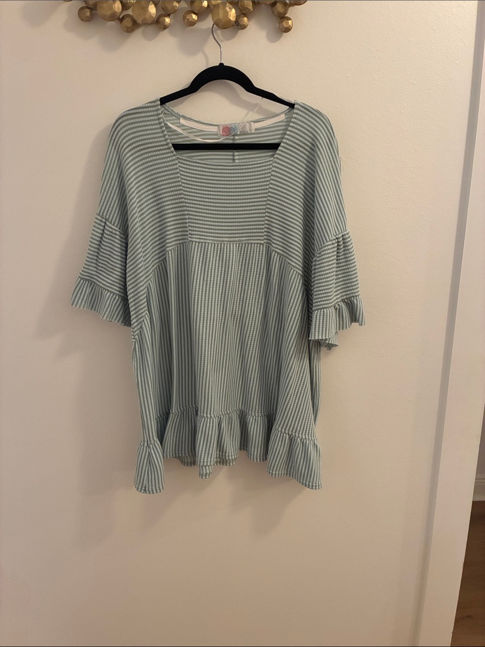 Light Green Striped Ruffle Hem Women's Top